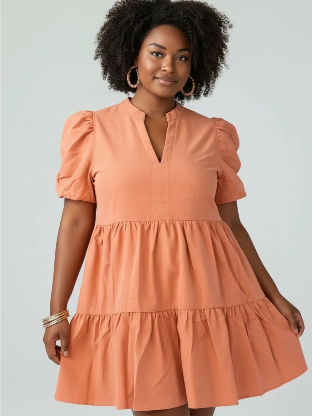 Entro Peach Coral Puff Sleeve V Neck Tiered Babydoll Mini Dress Sz L